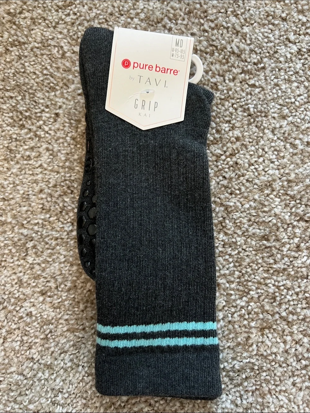 NWT Pure Barre Women’s Charcoal Grip Socks with Teal Stripes